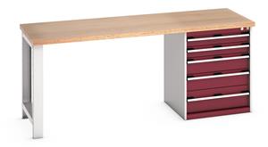 41003229.** Bott Cubio Pedestal Bench with MPX Top & 5 Drawers - 2000mm Wide  x 750mm Deep x 840mm High. Workbench consists of the following components for easy self assembly:...